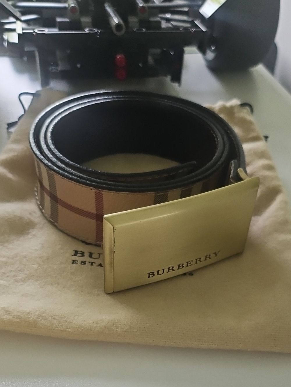 Burberry Haymarket Check Men's Belt with Gold Buckle